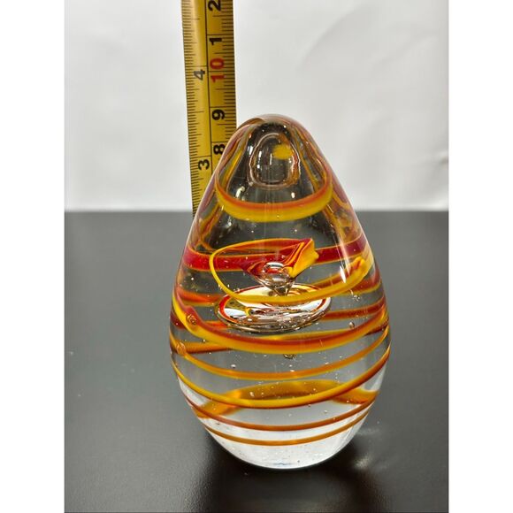 Vintage Hand Blown Art Glass Egg-Shaped Paper Weight Yellow Orange and Red Swirl - Picture 4 of 5